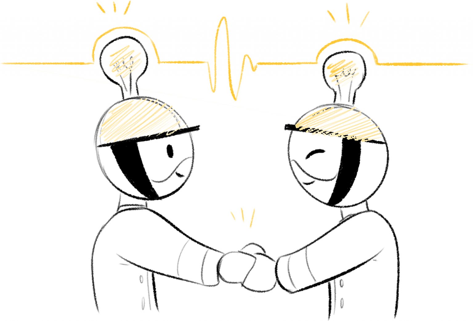 Attollo Company Culture illustration of two characters with light bulbs above their heads